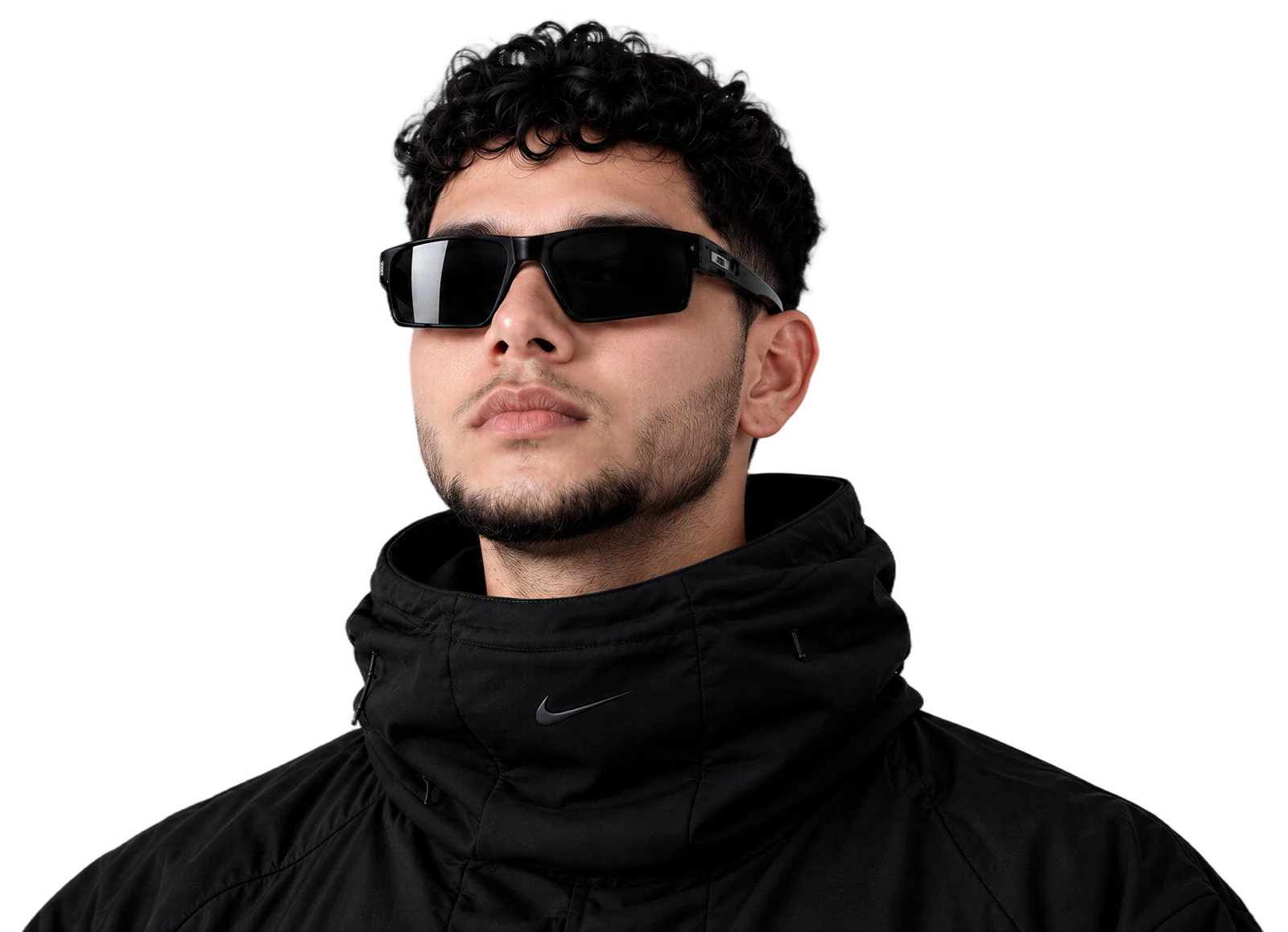 Kaian Victor wearing dark sunglasses and a black jacket